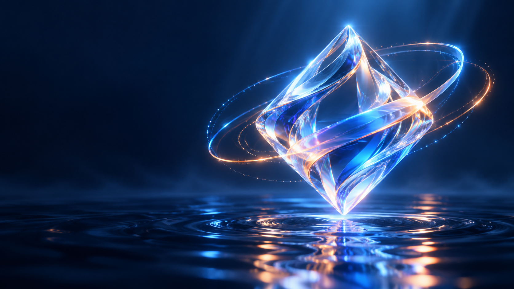 A luminous blue glass diamond surrounded by flowing ribbons of light